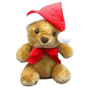 Vintage Sasco Christmas Teddy Bear Plush Stuffed Animal With Santa Hat & Red Bow